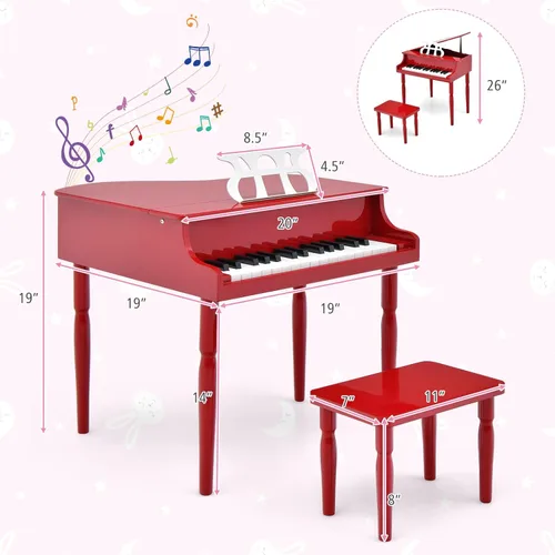Miniatura 6 de Costzon Piano Clásico para Niños, Piano de Madera de 30 Teclas con Soporte para Partituras y Asiento, Mini Juguete Musical para Niños, Ideal