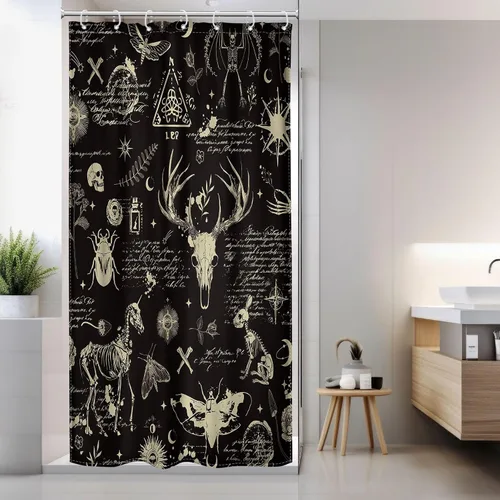 Black Gothic Small Stall Shower Curtain 36Wx72H RV Spooky Skull Skeleton Spooky Funny Animal Western Moth Moon Bone Mystic Leaves Bathroom Decor