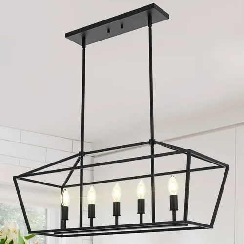 Miniatura 13 de Lámpara moderna de 5 luces para isla de cocina en acabado dorado, lámpara colgante industrial con marco de metal para comedor, vestíbulo, cafetería