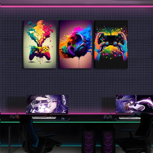 Miniatura 5 de Juego de Arte de Pared para Decoración de Sala de Juegos de 3 Piezas - Decoración de Pared de Control de Videojuegos para Gamers, Póster de Lienzo