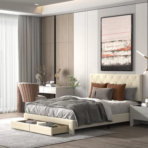NSdirect Base de cama tamaño Queen con cajón de almacenamiento, base de cama tapizada de terciopelo con 2 cajones de almacenamiento y estación de