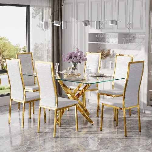 Miniatura 35 de Juego de mesa de comedor de cristal dorado moderno de 63 pulgadas para 6, juego de mesa de cocina rectangular de 7 piezas con patas de acero Negro