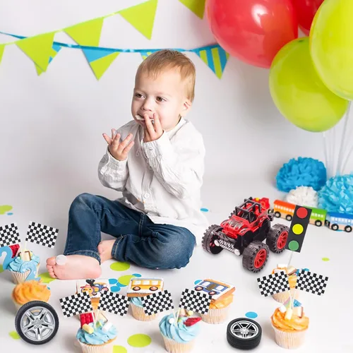Miniatura 4 de MEMOVAN Decoración para tarta de camiones, decoración de tarta de camión para niños, coche de carreras para tarta de cumpleaños, decoración