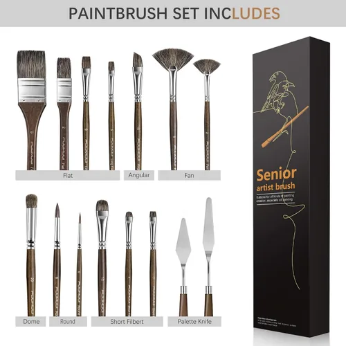 Miniatura 2 de Juego de Pinceles para Pintura al Óleo, 15 Piezas Fuumuui Pinceles Profesionales para Mezclar Pintura de Cerdas de Tejón Naturales con Plano