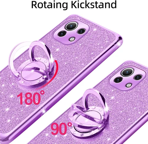 Miniatura 3 de Funda para Xiaomi Mi 11 Lite 4G/5G, cubierta protectora de TPU suave con cristal de purpurina con soporte de anillo 360, púrpura brillante Purpura