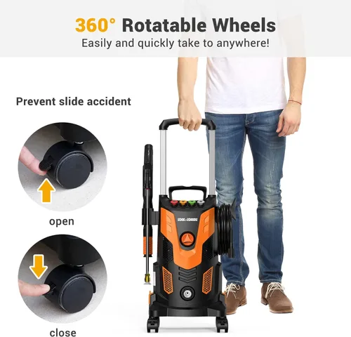 Miniatura 6 de Rock&Rocker Lavadora a presión mejorada de 1750 PSI, lavadora eléctrica portátil de 2.5 GPM con ruedas giratorias de 360°, 4 boquillas de conexión