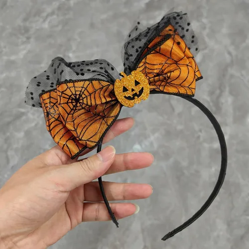 Miniatura 6 de Diadema de lazo de Halloween con diseño de calabaza con diseño de malla Headands Ornage para Acción de Gracias, fiesta de Halloween, accesorios