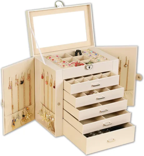 BOOVO Joyero para mujer, organizador de joyas grande de 6 capas con espejo, caja de almacenamiento multifunción con cerradura, soporte de accesorios