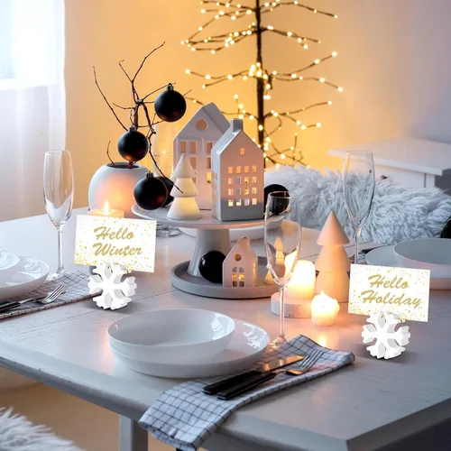 Miniatura 6 de Kigley 24 portatarjetas de madera de alce de Navidad de 2.17 pulgadas, soporte para números de mesa de Navidad, 4 estilos, letrero de mesa de madera
