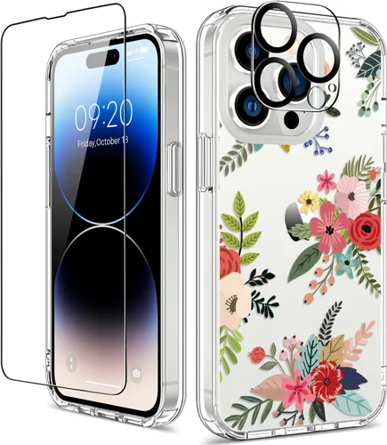 Miniatura 46 de Funda para iPhone 14 Pro con protector de pantalla, 6.1 pulgadas, transparente de cuerpo completo, a prueba de golpes, diseño floral, para niñas
