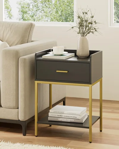 Miniatura 3 de Mesita de noche, mesita de noche moderna de 3 niveles, mesita de noche con cajón de almacenamiento y estante, mesa auxiliar pequeña para dormitorio