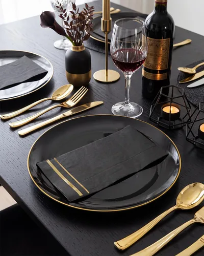 Miniatura 7 de bUCLA 100 unidades de servilletas de 3 capas negras y doradas - Servilletas de papel negro para cena desechables de calidad premium, desechables