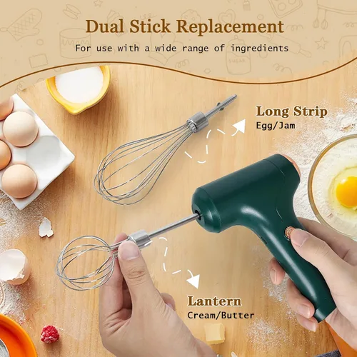 Miniatura 3 de Batidora de mano inalámbrica, batidor eléctrico de mano con 3 modos de velocidad, batidor de huevos de mano con 2 batidores desmontables (verde)