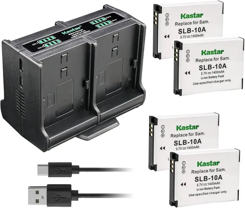 Kastar Paquete de 4 baterías y cargador cuádruple compatible con Samsung ES50, ES55, ES60, EX2F, HMX-U10, HMX-U20, HZ10W, HZ15W, IT100, L100, L110,