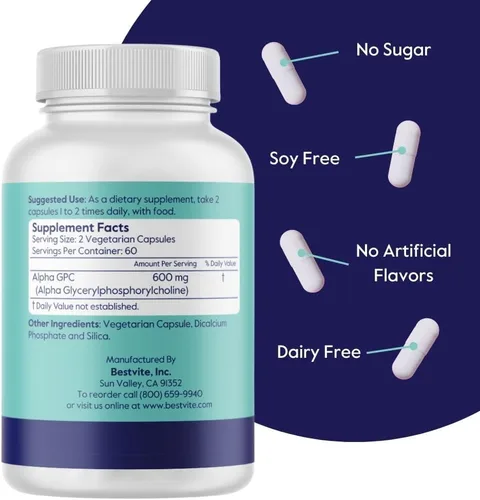 Miniatura 3 de BESTVITE Alpha GPC Colina 600 mg por porción (120 cápsulas vegetales) - Sin estearatos - Vegano - Sin OMG - Sin gluten