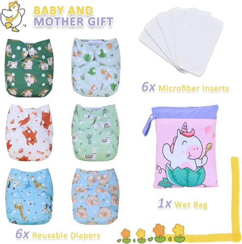 Miniatura 4 de TDIAPERS Pañales de tela reutilizables, lavables, de bolsillo, talla única, ajustable para pañales de tela a presión, paquete de 6 con 6 insertos