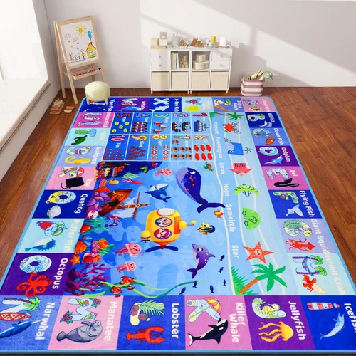 Miniatura 8 de Alfombra interactiva de aprendizaje del mundo oceánico de 3 pies 3 pulgadas x 5 pies con ABC, animales marinos, números y formas para niños pequeños
