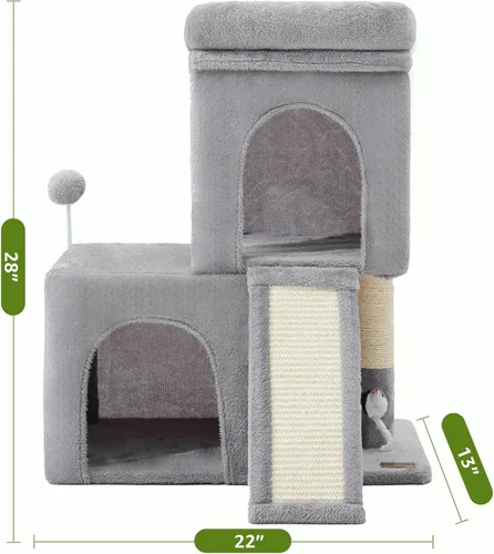 Miniatura 7 de Woochpet Árbol para gatos de 24 pulgadas de alto con 2 condominios para gatos y juguete de ratón, acogedora torre pequeña para gatos con poste