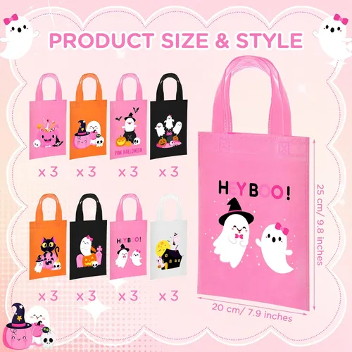 Miniatura 2 de Toulite 24 bolsas no tejidas de Halloween con asa a granel, bolsas reutilizables de regalo de vacaciones, fantasma, calabaza, araña, golosinas