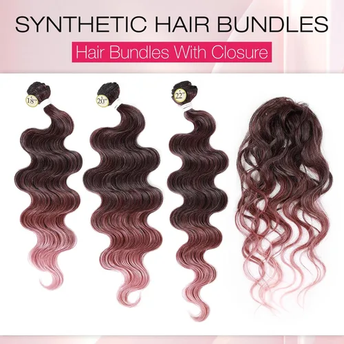 Miniatura 2 de HANNE Paquetes de cabello castaño mezclado con extensiones de cabello ondulado con cierre Sintético 18 "20" 22" con cierre de encaje, resistente