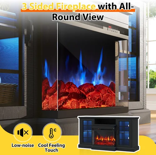 Miniatura 9 de Soporte de TV con chimenea de 59 pulgadas, mesa de consola central de entretenimiento de vidrio de 3 caras para televisores de hasta 65 pulgadas