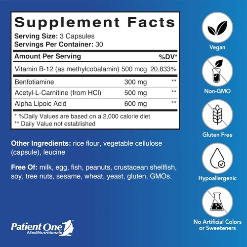 Miniatura 2 de Patient One NerveCare Suplemento para apoyar la salud nerviosa y vascular* Con ácido alfa lipoico, vitamina B12, ALC y benfotiamina 90 cápsulas