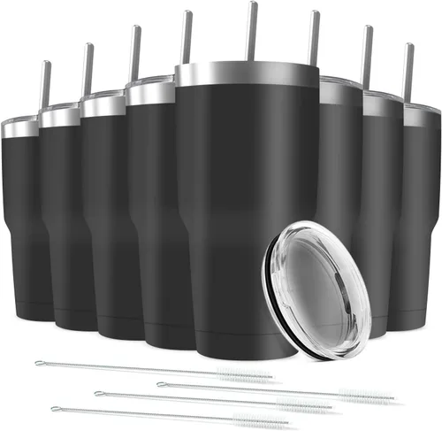 Miniatura 21 de Taza de viaje de acero inoxidable de 30 onzas con tapa, paquete de 6 vasos de doble pared aislados al vacío a granel con 6 pajitas, taza de café