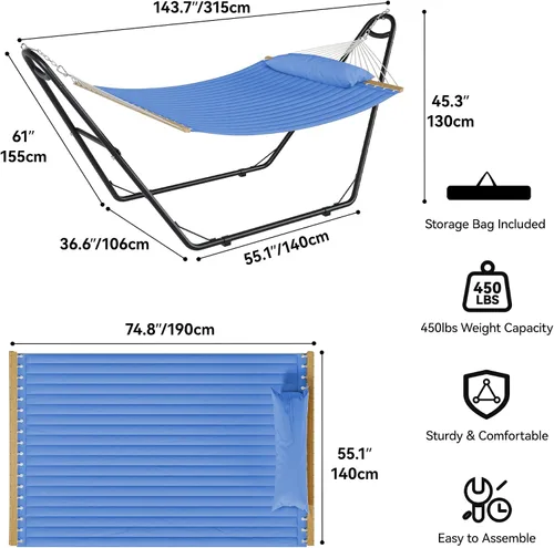 Miniatura 2 de YITAHOME Hamaca con soporte incluido, hamaca resistente, hamaca portátil impermeable de 12 pies con bolsas de almacenamiento de almohada, 450 libras