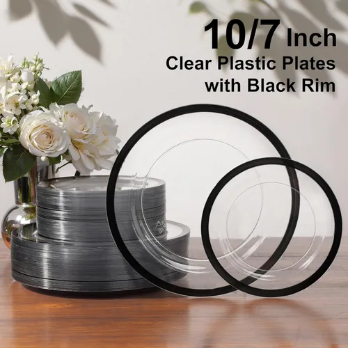 Miniatura 6 de U-QE 120 platos negros desechables para fiestas, platos transparentes y negros, desechables, resistentes, platos desechables elegantes, incluyen 60