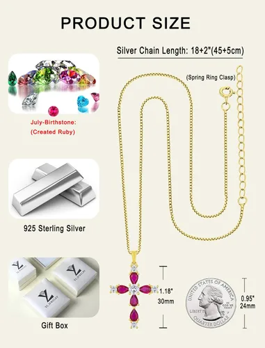 Miniatura 93 de YL Collar de cruz de plata de ley 925 con colgante de piedra natal religiosa para mujer