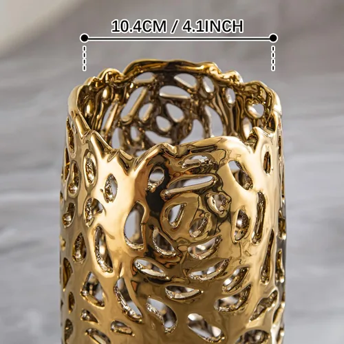 Miniatura 6 de Juego de 2 jarrones modernos dorados para suelo alto, decoración calada coral de 16 pulgadas para suelo, jarrón dorado grande para sala de estar