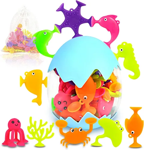 Miniatura 8 de Juguetes de baño para bebé, 13 piezas de juguetes de baño de silicona sin moho con una bolsa de almacenamiento, juguetes de bañera de dinosaurios