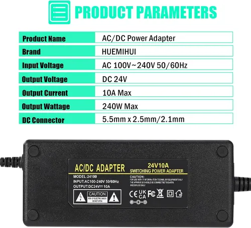 Miniatura 4 de Adaptador de fuente de alimentación de 24 V, 10 A, 240 W, 100-240 V CA a CC 24 voltios y 10 amperios con conector de salida de CC de 0.217 in x