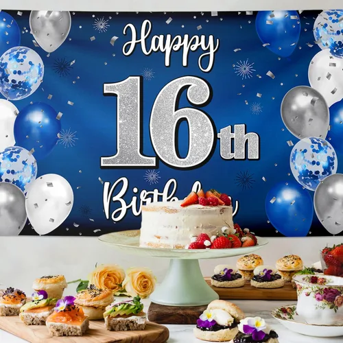 Miniatura 4 de Decoraciones de feliz cumpleaños número 16, globo azul y plateado grande cartel de fondo de cumpleaños de 16 años, suministros para fiesta de 16º