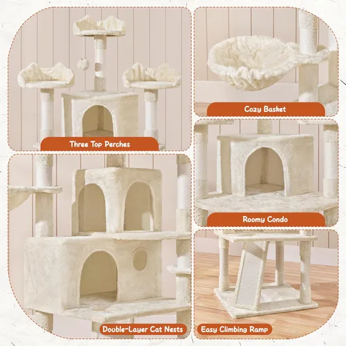 Miniatura 3 de Topeakmart Árboles para gatos grandes Inoor, torre para gatos extra grandes de 76.5 pulgadas con 3 perchas acogedoras, 3 condominios cálidos, postes