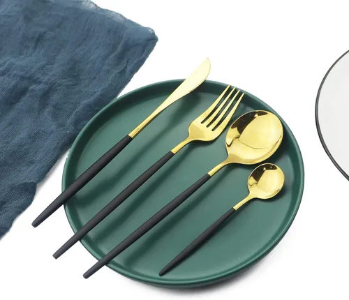 Miniatura 5 de Juego de cubiertos dorados con mango negro, 24 piezas de acero inoxidable brillante, cubiertos para 6, aptos para lavavajillas