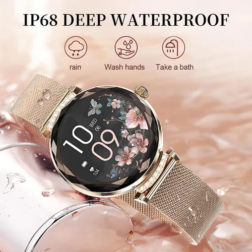 Miniatura 2 de Reloj inteligente para mujer Android/iOS, IP68, impermeable, con llamadas Bluetooth, recordatorio menstrual femenino (2 correas doradas)