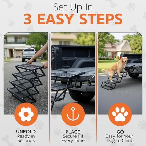 Miniatura 3 de Escaleras plegables de 4 escalones para perros, para automóviles, camiones y todoterrenos, escalera de acero al carbono resistente para mascotas que