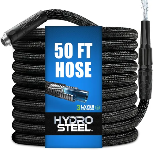 Hydrosteel - Manguera de jardín de metal de 50 pies con boquilla, manguera de agua hecha de acero inoxidable 304 resistente, flexible, ligera,