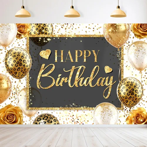 Miniatura 18 de Telón de fondo de feliz cumpleaños negro y rosa de 7 pulgadas de ancho x 5 pies de alto, tela de poliéster, globos de lazo femenino, pastel