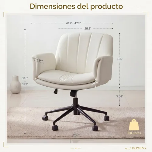 Miniatura 2 de Dowinx Silla Criss Cross con brazos ajustables de cinco niveles y ruedas - Cómoda silla giratoria de cuero sintético ergonómica para tocador - Silla
