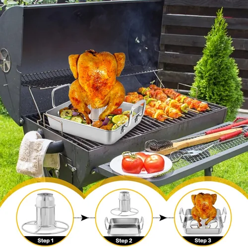 Miniatura 6 de P&P CHEF Soporte para latas de cerveza con sartén para asar, juego de sartén cuadrada de acero inoxidable de 9 pulgadas y parrilla para pollo