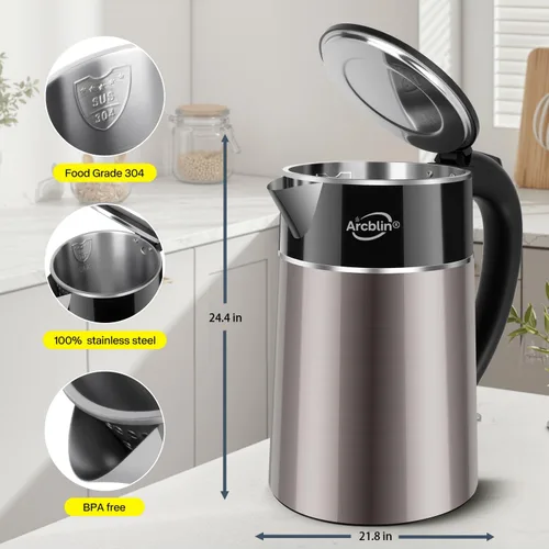 Miniatura 2 de Hervidor eléctrico de 1.8 L, 1350 W de ebullición rápida y caldera de agua caliente, diseño de doble pared con interior de acero inoxidable 100%