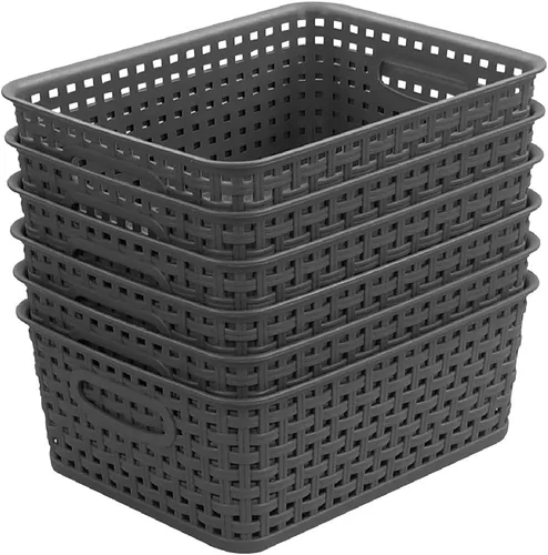 Cesta de almacenamiento tejida de plástico gris, paquete de 6 unidades, organizador gris para cocina, oficina, baño