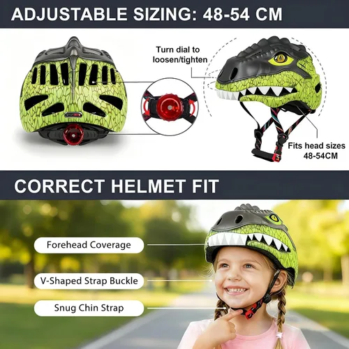 Miniatura 7 de KINGBIKE Casco para niños pequeños para niños y niñas de 2 a 8 años, casco de bicicleta para niños, cascos ligeros de dinosaurio con luz LED