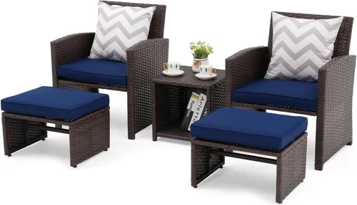 Miniatura 9 de OC Orange-Casual Juego de muebles de patio de 5 piezas, silla de mimbre para conversación al aire libre y juego otomano con mesa auxiliar, almohadas