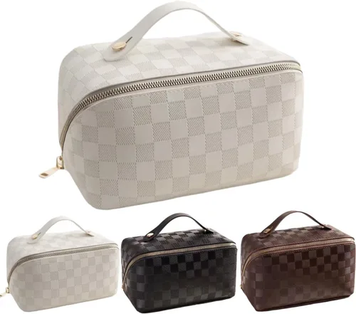 Miniatura 21 de Bolsas de maquillaje a cuadros de gran capacidad, bolsas de cosméticos portátiles de viaje, bolsa de aseo abierta y plana para mujeres y niñas