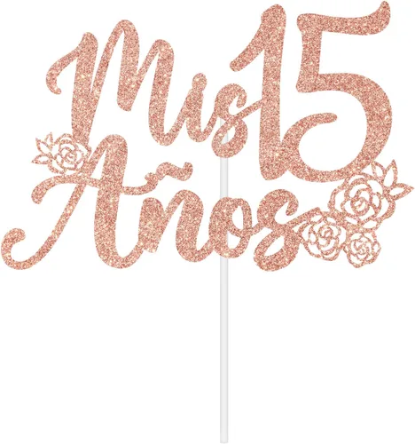 Miniatura 2 de Decoración para tartas Mis 15 años con purpurina de oro rosa, feliz 15 años, feliz 15 años, decoración de fiesta de cumpleaños con temática