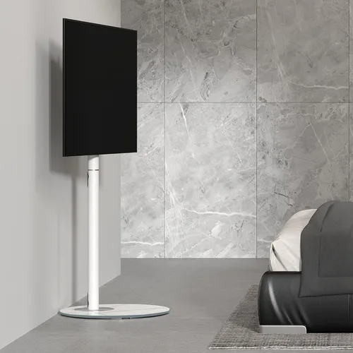 Miniatura 2 de FITUEYES Soporte de TV esquinero para 37 a 65 pulgadas, soporte de TV blanco moderno de mediados de siglo con base de vidrio texturizado de mármol
