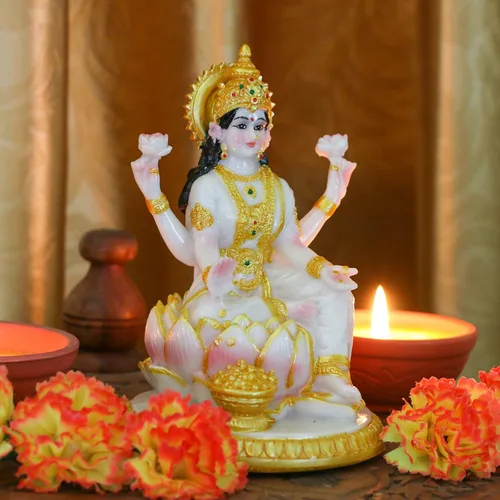 Miniatura 4 de alikiki Figura de meditación de la diosa india Lakshmi, 5.7 pulgadas de alto, aspecto de mármol, Murti Laxmi ídolo, estatua para el hogar, oficina